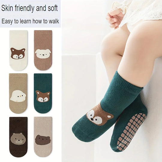 Six Pairs Autumn and Winter Baby Socks with Grips – Warm, Non-Slip, and Comfortable for Toddlers