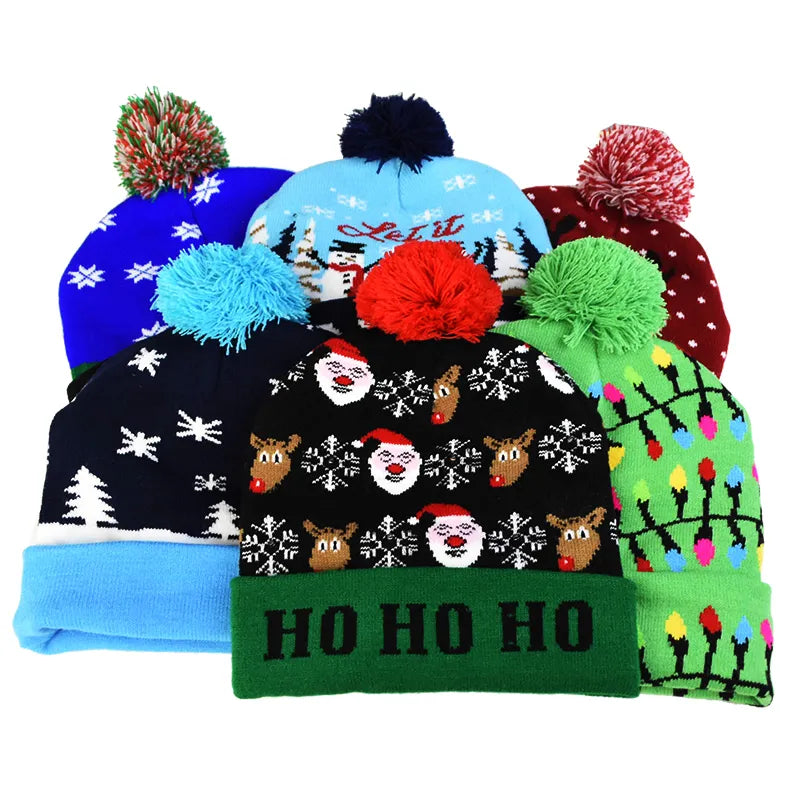 Christmas Hats Sweater Santa Elk Knitted Beanie Hat With LED Light Up Cartoon Patteren Christmas Gift For Kids New Year Supplies