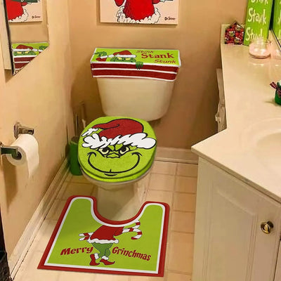 Set di 4 Decorazioni Natalizie per il Bagno del Grinch - Copriwater, Tappeti e Accessori a Tema Mostro Verde