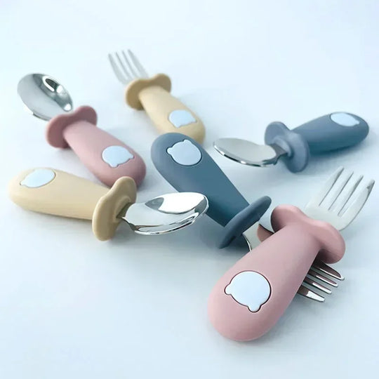 Set di Posate per Bambini Baby Bear Utensili in Acciaio Inox per Bambini Piccoli Posate da Tavola per Neonati Cucchiaio Forchetta per Alimentazione