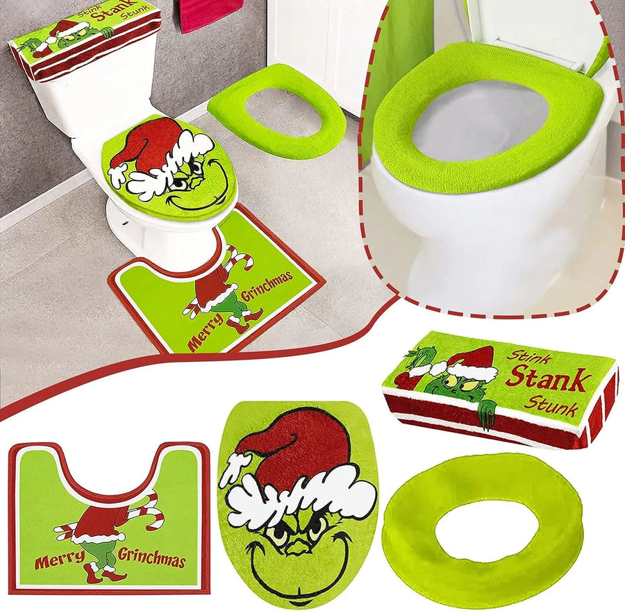 4 Piece Christmas Grinch Bathroom Decorations Grinch Decor Toilet Seat Cover Rugs Sets Green Monster Theme Toilet Seat Cover