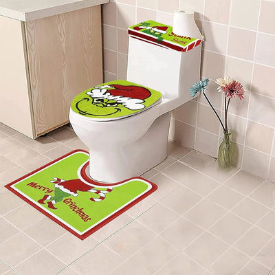 Set di 4 Decorazioni Natalizie per il Bagno del Grinch - Copriwater, Tappeti e Accessori a Tema Mostro Verde