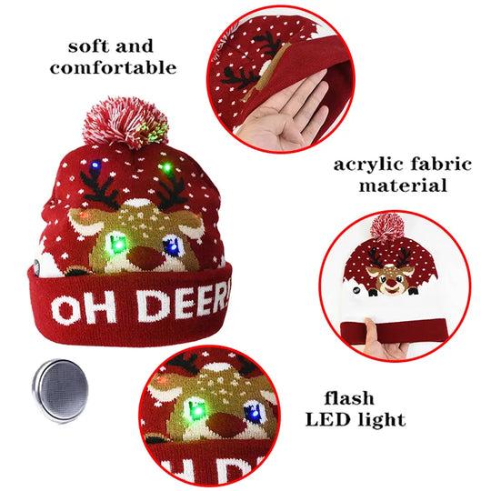 Christmas Hats Sweater Santa Elk Knitted Beanie Hat With LED Light Up Cartoon Patteren Christmas Gift For Kids New Year Supplies