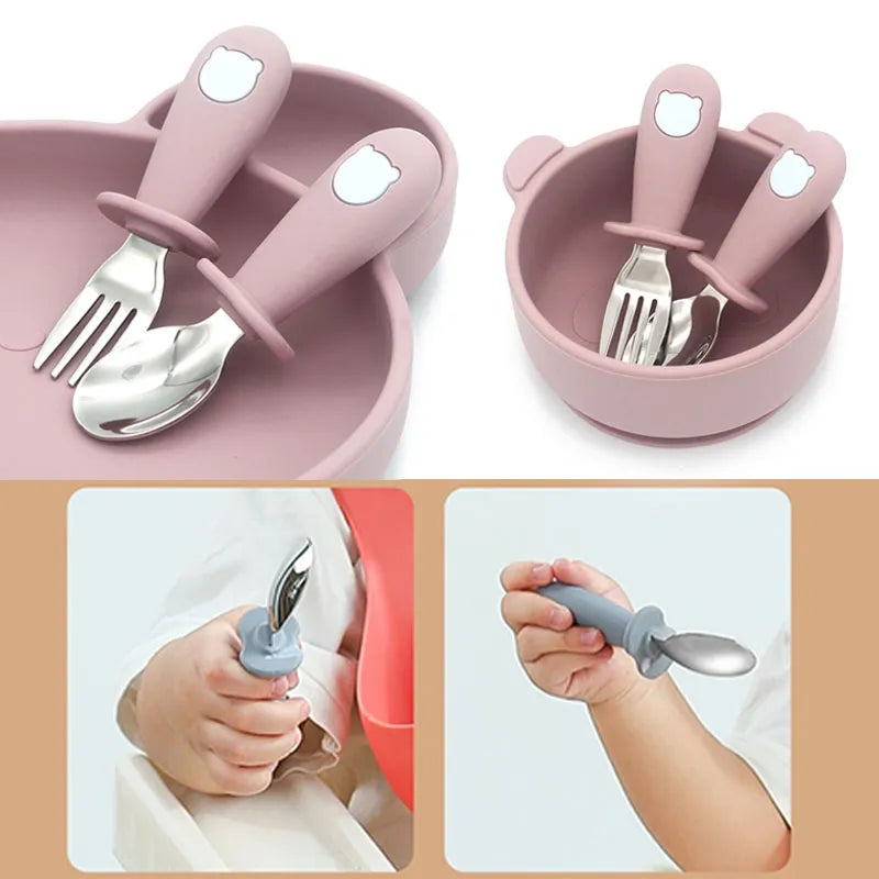 Set di Posate per Bambini Baby Bear Utensili in Acciaio Inox per Bambini Piccoli Posate da Tavola per Neonati Cucchiaio Forchetta per Alimentazione