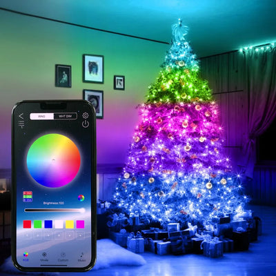 Luzes de Fada para Árvore de Natal RGB Inteligentes com Controlo por APP Bluetooth, Impermeáveis, com Fio de Cobre USB e 16 Cores