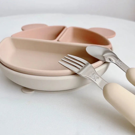 Set di Posate per Bambini Baby Bear Utensili in Acciaio Inox per Bambini Piccoli Posate da Tavola per Neonati Cucchiaio Forchetta per Alimentazione