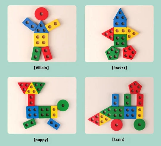 Montessori Geometric Shape Column Matching Wooden Building Blocks Set