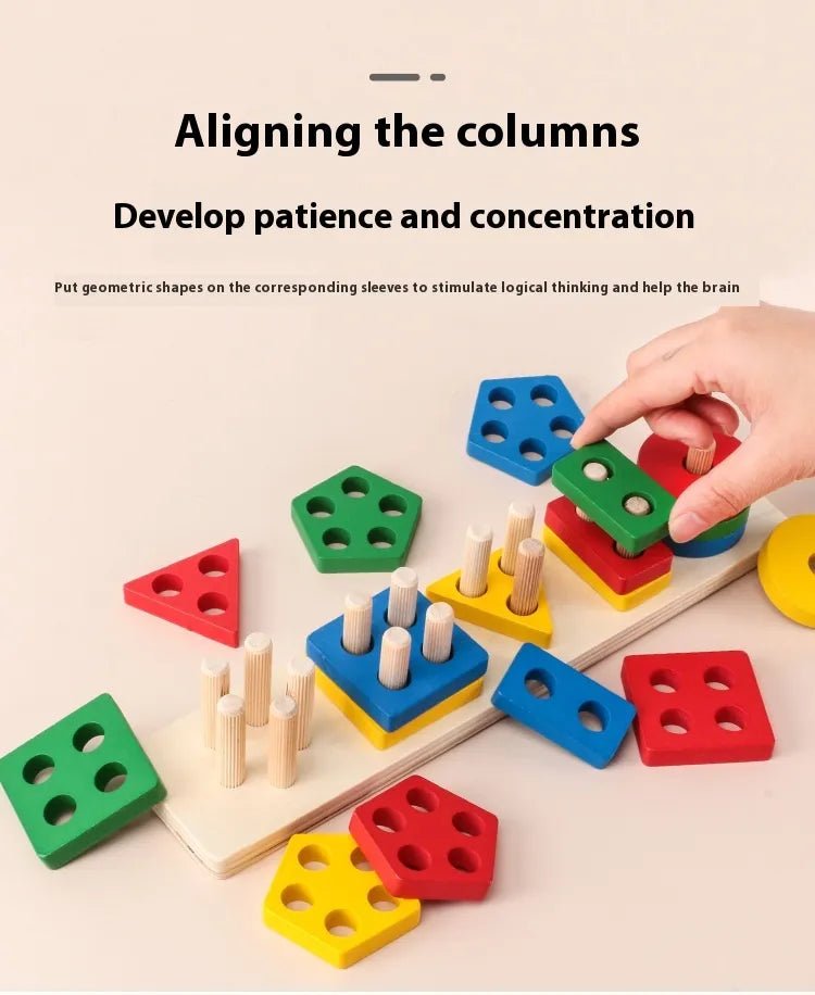 Montessori Geometric Shape Column Matching Wooden Building Blocks Set